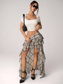 SHEIN ICON Women's Retro Plaid Asymmetrical Hem Pleated A-Line Skirt, Suitable For Back To School, Campus Party, Gathering