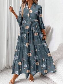 EMERY ROSE Casual Vintage Floral Pattern Elegant Plus Size Dress, Suitable For Autumn/Winter - Blue - View 1