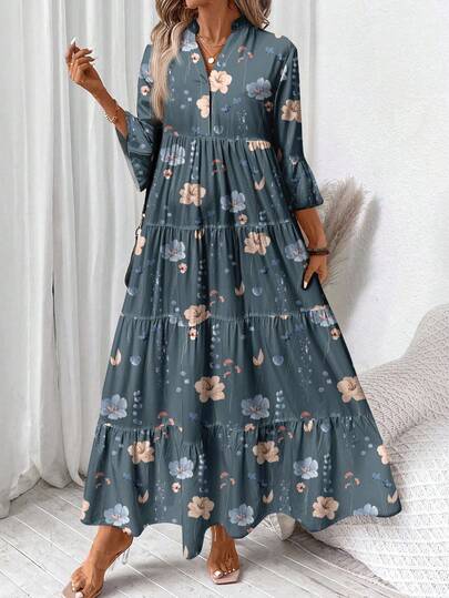 EMERY ROSE Casual Vintage Floral Pattern Elegant Plus Size Dress, Suitable For Autumn/Winter