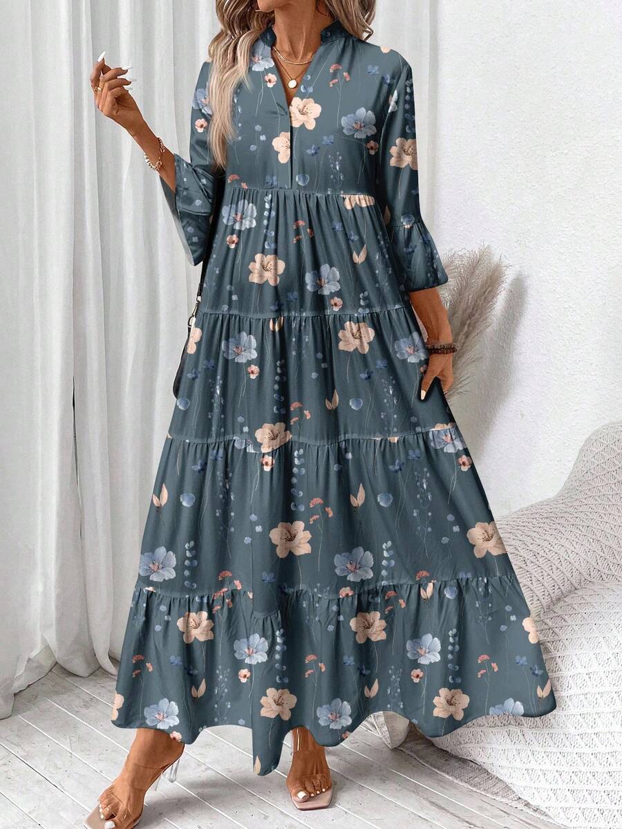 EMERY ROSE Avslappnad vintage blommönster elegant plusstorleksklänning, lämplig för höst/vinter - Blå - Visa 1