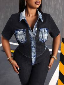 Slaydiva Plus Size Women's Contrast Color Short Sleeve Pocket Design Casual Denim Blouse