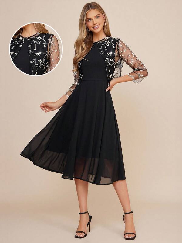 Amorya Chaqueta corta bordada de malla para mujer y vestido largo de línea A de gasa, conjunto de dos piezas elegante y magnífico adecuado para fiestas y citas