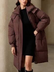 Aveloria Rosie Women's Mid-Length Padded Coat, Stand Collar Hooded, Loose Fit, Warm, Casual, Versatile, Korean Style, Winter