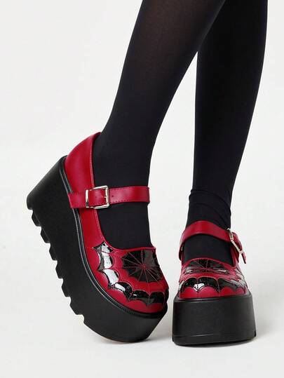 Grunge Punk Women's Round Toe Spider Web Embroidery Patchwork Design Outdoor Fashion Punk Platform & Thick Sole Loafers