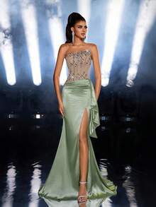 Glamrae 优雅绿色露肩斜肩缎面撞色裸色网眼鱼骨带奢华手工钻石链鱼尾侧高开衩侧垂褶荷叶边适合约会、度假、生日、成人礼、毕业典礼、返校、派对、舞会、婚礼活动、正式晚礼服 - 綠色 - 查看 8