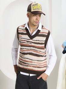 STEELVANCE 男士时尚休闲条纹 V 领针织毛衣背心，秋冬 - 咖啡棕 - 查看 5