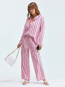 LOUNGEISTA 女士宽松舒适透气条纹长袖睡衣两件套