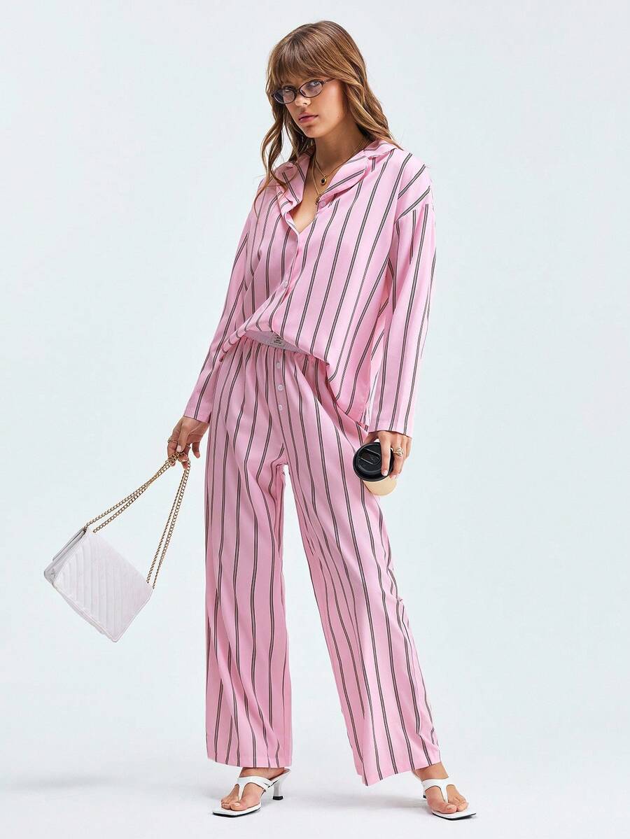 LOUNGEISTA 女士宽松舒适透气条纹长袖睡衣两件套