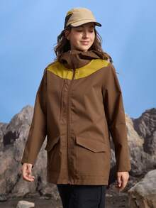 In My Nature Jaket Hujan Luar Ruangan Wanita Lengan Panjang dengan Resleting Depan dan Tudung, Warna Kontras - Coklat - View 2