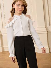 Girls' Long Sleeve Mesh Patchwork Ruffle Trim Blouse + High Waist Pants Elegant Halloween Christmas Outfit Fall Winter - White - View 8