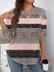 EMERY ROSE Pink Metallic Textured Striped Casual Minimalist Loose Fit Crew Neck Sweatshirt, Suitable For Plus Size, Fall/Winter, Party - Multicolor - View 3