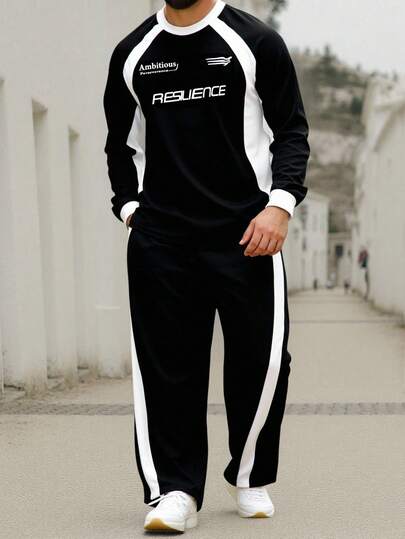 Manfinity Homme Ensemble de survêtement casual grande taille pour hommes avec imprimé lettres, manches longues et pantalon. Vêtements d'automne, tenues confortables