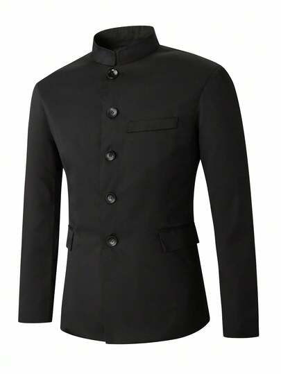Manfinity Mode Áo blazer nam dài tay màu đen, kiểu dáng công sở tối giản, cài cúc, phong cách Old Money.