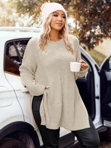SHEIN LUNE Plus Size Casual Solid Color Side Slit Sweater, Autumn/Winter - Apricot - View 4