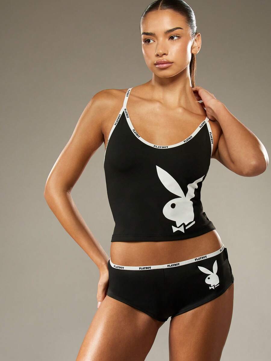 Missguided x Playboy Christmas Cross Back Cami Tank Top With Matching Shorts Set - Black - View 1