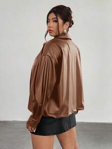Firerie Plus Size Women Long Sleeve PU Leather Jacket Autumn Winter - Mocha Brown - View 2