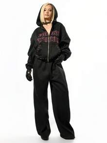 SUMWON WOMEN Sudadera con capucha con cremallera y capucha con cordón, con letras de strass en contraste, estilo gótico de Halloween - Negro - Ver 4