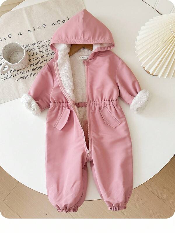 SHEIN Baby Girl Outdoor Cargo Thermal Lined Hooded Jumpsuit, Autumn/Winter
