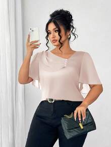Elenzga Plus Size Asymmetrical Ruffle Collar Button Decor Short Sleeve Elegant Blouse - Apricot - View 4