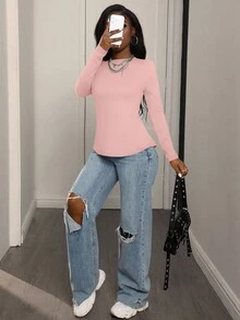 SHEIN LUNE Women's Casual Everyday Versatile Crew Neck Long Sleeve T-Shirts