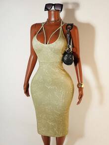 Mistrie Spaghetti Strap Bodycon Sexy Dress - Army Green - View 4