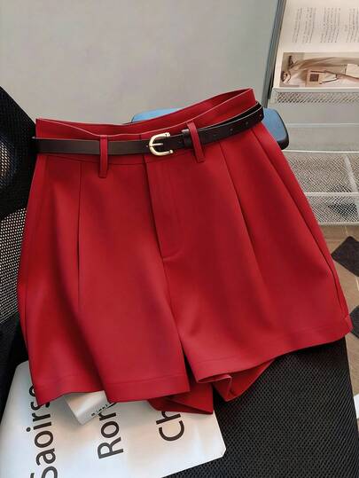 Franclia Casual & Commute Fashion Versatile Mid-High Waist Belted Summer New Solid Color Khaki Women Shorts