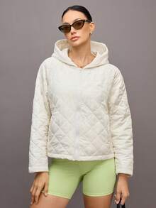 Activina 女士休闲日常通勤简约纯色绗缝拉链连帽棉服外套，冬季 - 酒紅色 - 查看 6