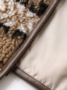 DAZY Women's Loose Casual Geometric Plaid Thermal Lined Jacket, Contrast Color Patchwork, Regular Fit, Suitable For Autumn & Winter