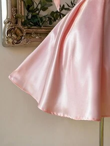 Lovelzi Elegant Luxurious Romantic Shiny Satin Off Shoulder Exaggerated Big Bow Sleeve Pleated Peplum Hem Dress, Suitable For Evening Party, Wedding, Gala - Baby Pink - View 7