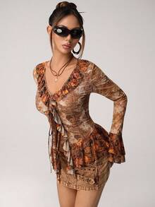 SHEIN ICON Women's Floral Print Ruffle Trim Tie Front Blouse