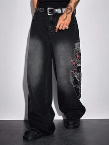 ROMWE MEN Street Life Jeans anchos y sueltos de moda casual para hombres con bordado de dragón chino y patrón floral lavado - Negro - Ver 6