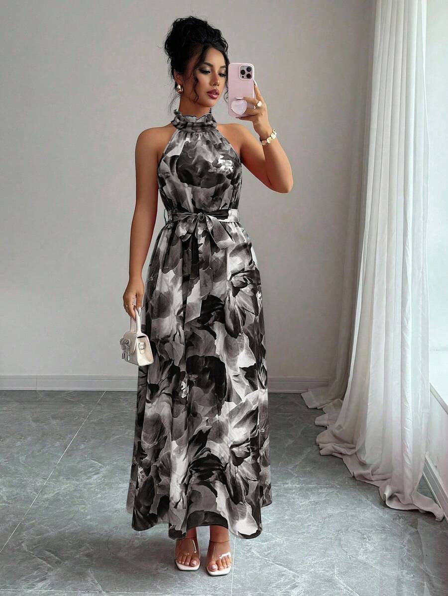 SHEIN Elenzya Elegant Floral Print Dress, Suitable For Commuting And Island Vacation - Black - View 1