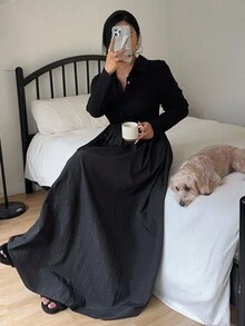 Flirla Plus Size Women's Collared Pocket Long Sleeve Ribbed Knit Jacquard Black Fitted Waist A-Line Midi Dress, Elegant Vintage Cute Casual - Black - View 1