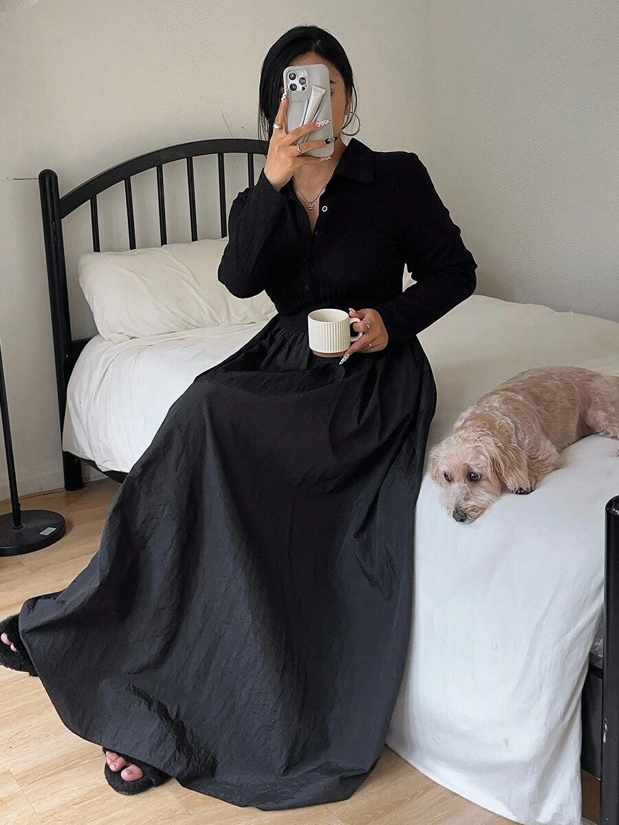 Flirla Plus Size Women's Collared Pocket Long Sleeve Ribbed Knit Jacquard Black Fitted Waist A-Line Midi Dress, Elegant Vintage Cute Casual - Black - View 1