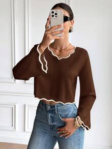 Serisse Women's V-Neck Contrast Trim Casual Pullover Sweater In Fall/Winter,Brown Sweater,Brown Top - Brown - View 3