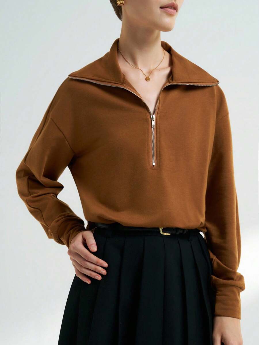 Airaco 女式纯色落肩长袖拉链半开襟休闲宽松运动衫，秋季 - 棕色 - 查看 1