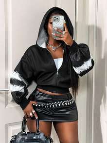 BamGleam 女士扎染落肩长袖拉链卫衣，万圣节 - 黑色 - 查看 4