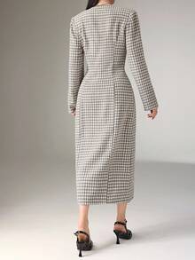Heiryn Women's Elegant Commuter Houndstooth Front Button Long Dress - Grey - View 2