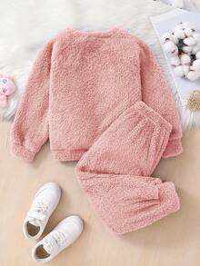 SHEIN 2 件套年轻女孩双面羊毛圆领运动衫和运动裤，女孩秋季休闲装