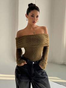 Flirla Thick Off Shoulder Turtleneck Long Sleeve Bodysuit, Autumn/Winter - Dark Green - View 3