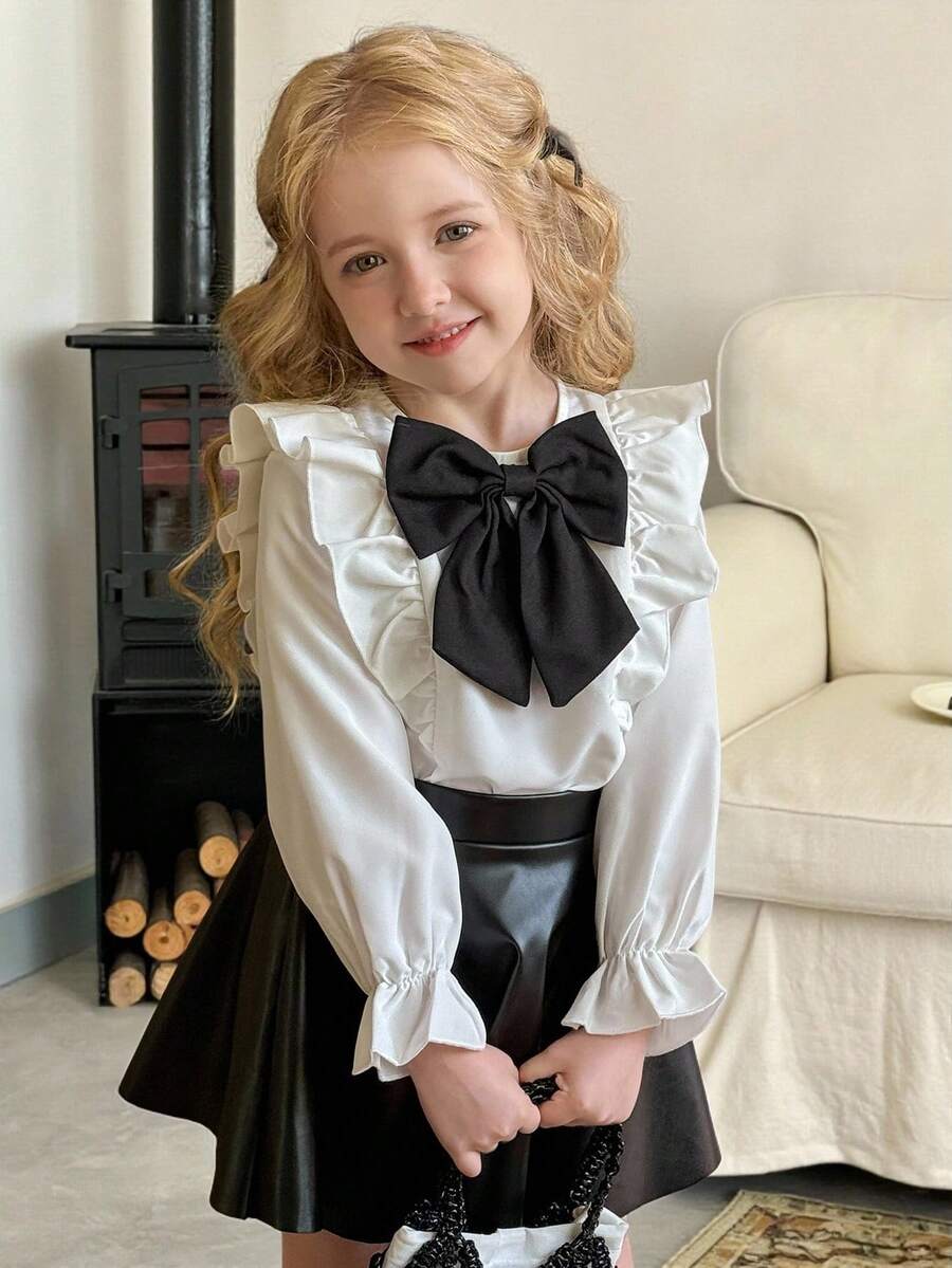 LMoss Kids 2件套少女梭织荷叶边休闲衬衫和裙子套装 - 黑與白 - 查看 1