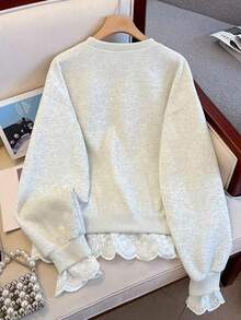 Resyla New Lace Trim Letter Print Crew Neck Hooded Long Sleeve Pullover Sweatshirt For Plus Size Women