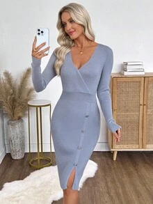 EMERY ROSE Women's Elegant Solid Color V-Neck Button Decor Bodycon Sweater Dress, Autumn/Winter - Grey - View 6