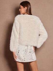 Enchnt Abrigo de mujer de invierno/otoño de tweed blanco con parches, botones de perlas falsas y manga larga con pelo sintético, elegante y de moda para fiestas, citas, vacaciones, graduación, salidas, Halloween y Navidad - Blanco - Ver 7