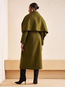 Zivah 2025冬季新款圣诞新年生日派对宴会学院风学生日常外出百搭休闲邮轮旅行网红热销街头风优雅通勤商务休闲不对称领长袖腰带不对称下摆宽松军绿色大衣冬季长款圣诞外套新年外套女式外套 - 橄欖綠 - 查看 4