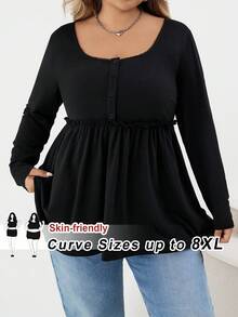 SHEIN CURVE+ 大码女式黑色方领荷叶边下摆长袖 T 恤，秋冬 - 黑色 - 查看 8