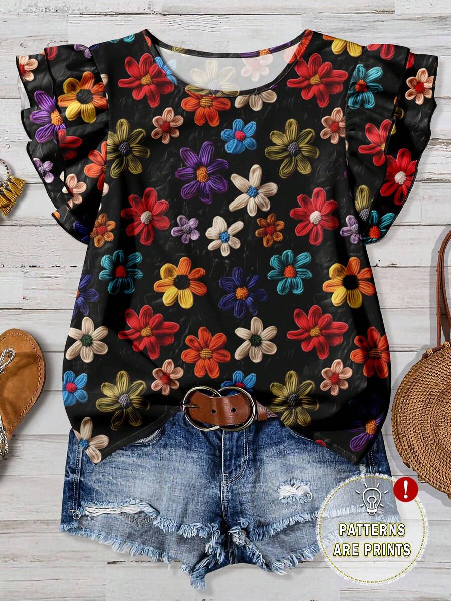 EMERY ROSE Áo sơ mi dáng rộng tay bay cỡ lớn, phong cách cổ điển thanh lịch, trang nhã, họa tiết hoa len giả nhiệt đới, cổ tròn, hai lớp, dành cho nữ, trang phục mùa hè - màu đen - Xem 1