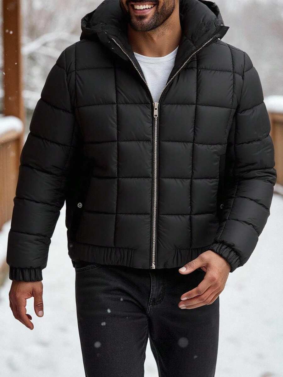 Manfinity Homme Abrigo con capucha con cremallera y acolchado, de color sólido, informal, para otoño/invierno para hombres - Negro - Ver 1