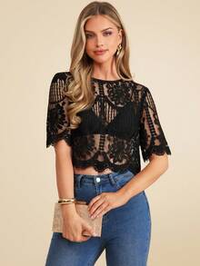 Amorya Women's Elegant Lace Short Sleeve Loose Top, Suitable For Wedding Season, Date, Spring And Summer, Color: Black