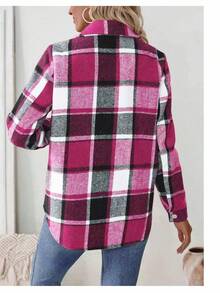 SHEIN LUNE Áo khoác nữ tay dài in họa tiết kẻ caro cài nút phía trước, áo sơ mi thường ngày cho nữ - Màu Hồng Tươi - Xem 2